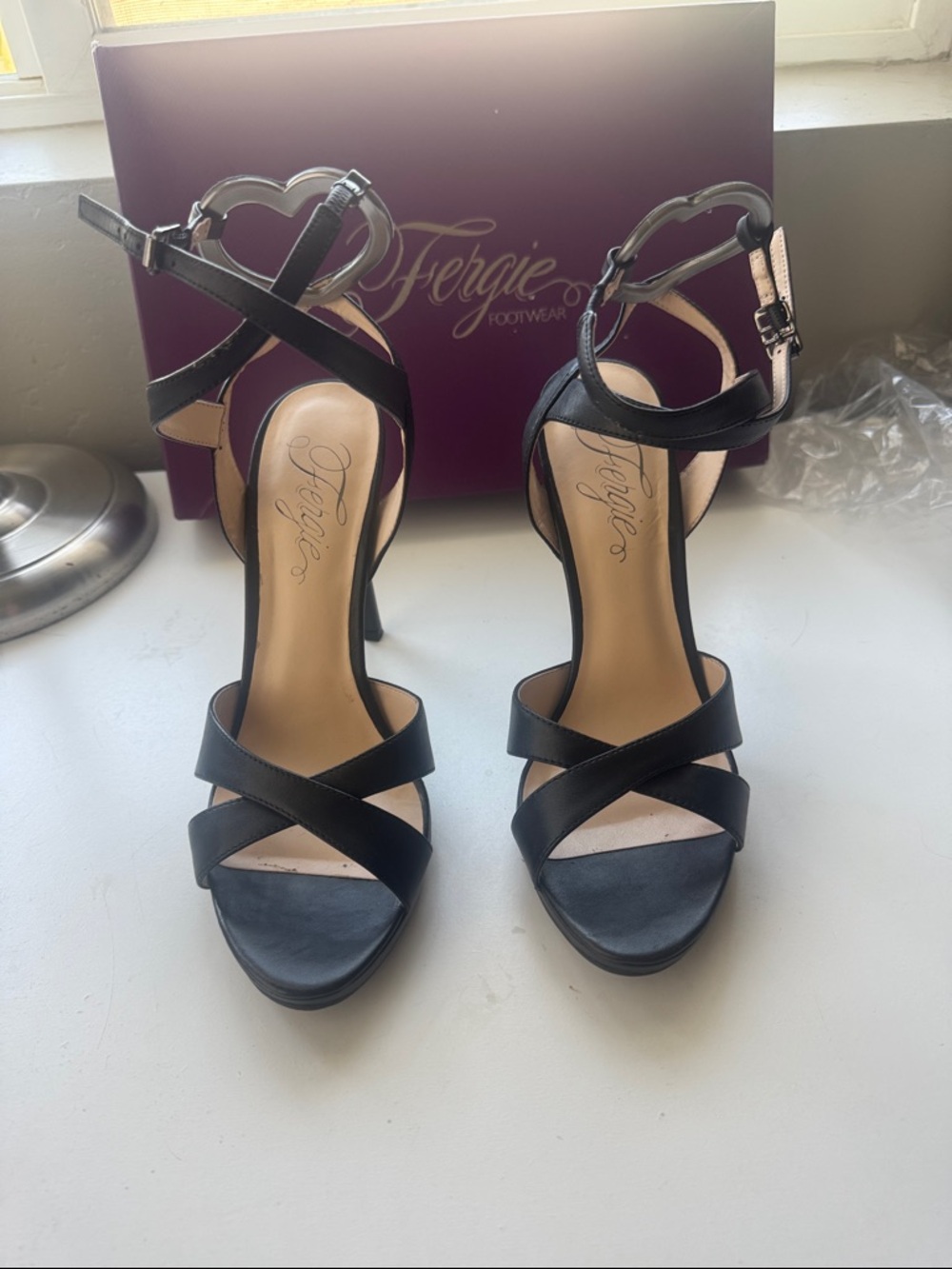 Fergie Black Crisscross Platform Heart-Ankle Strap Heels